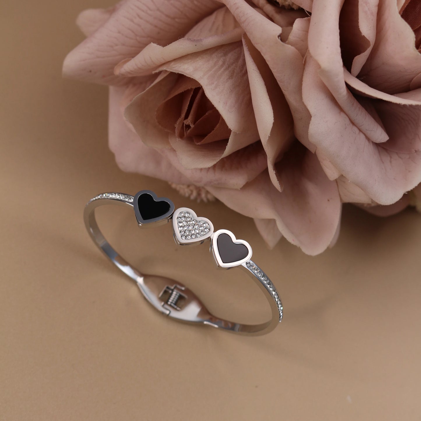 Stainless Steel Double Row Crystals Heart-Shaped Designs Open Clasp Charm Bangle Bracelet