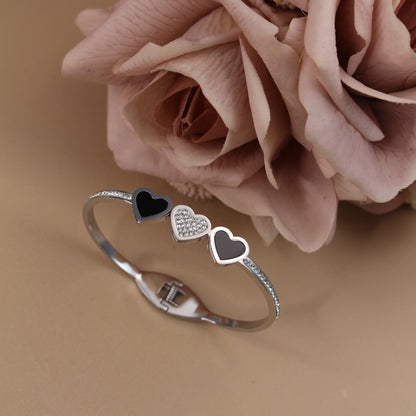 Stainless Steel Double Row Crystals Heart-Shaped Designs Open Clasp Charm Bangle Bracelet