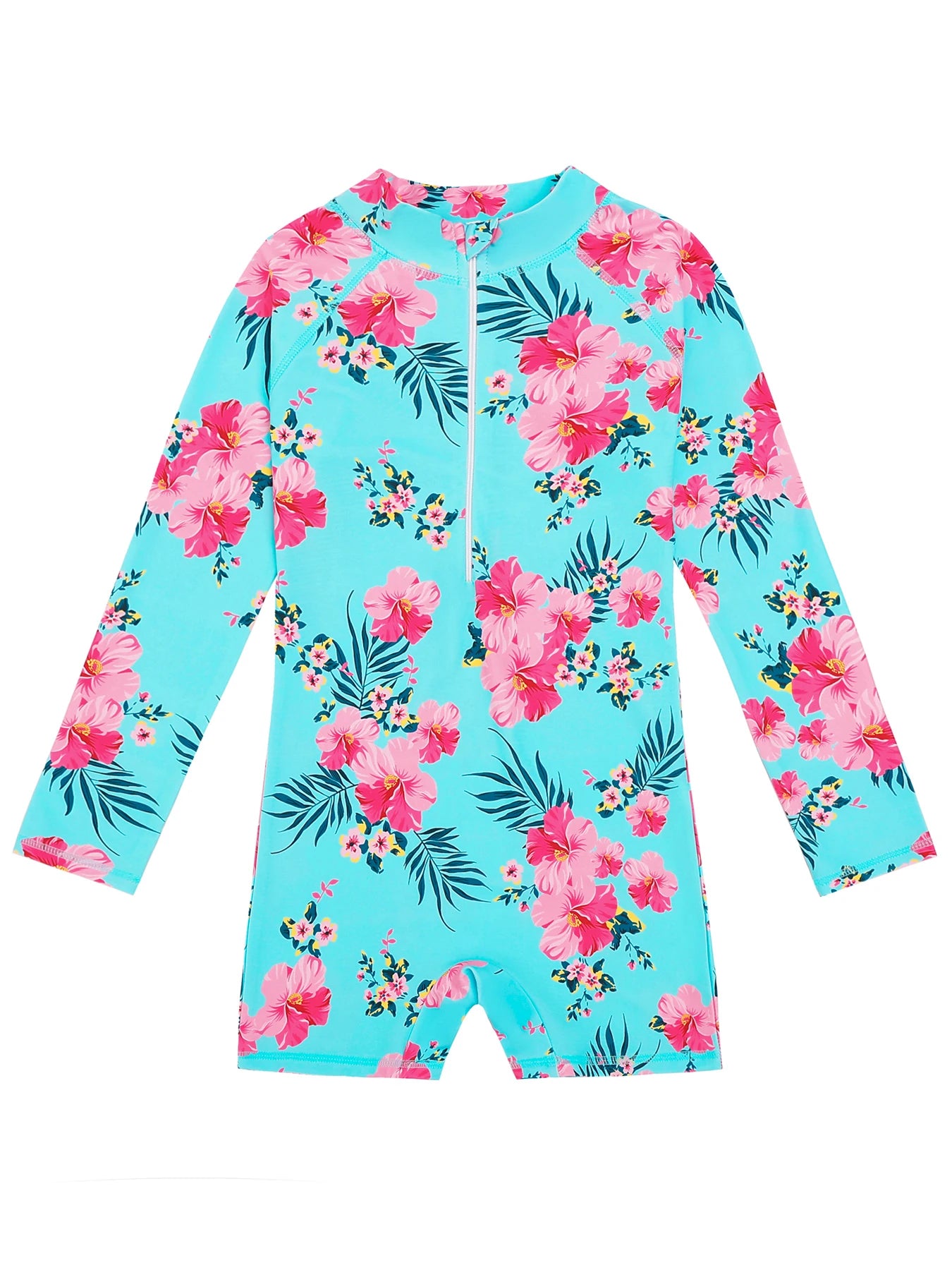 Girls Kids One Piece Long Sleeve Floral Print Beach Swim Rash Guard Boyleg Shorts Swimwear