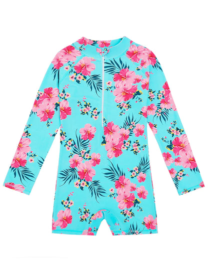 Girls Kids One Piece Long Sleeve Floral Print Beach Swim Rash Guard Boyleg Shorts Swimwear