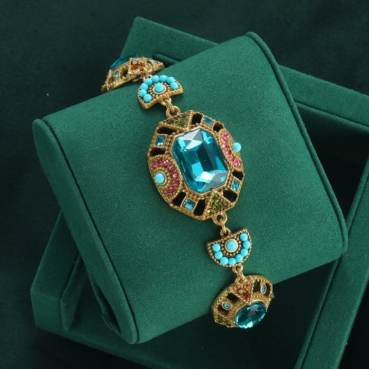 Bohemia Antique Gemstone Women Vintage Boho Beads Square Sea Blue Crystal Bangle Charm Bracelet