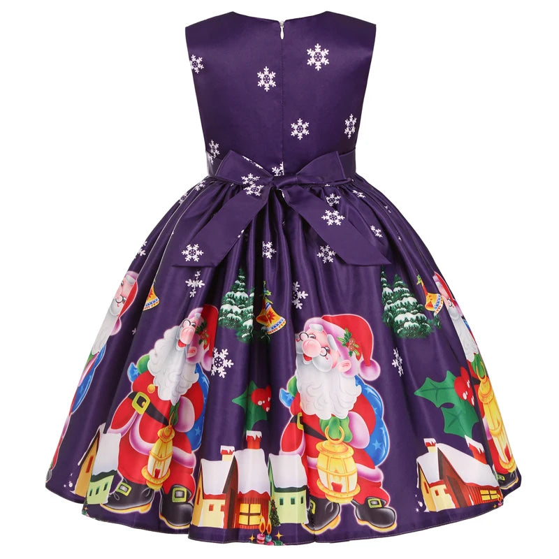 3-10Y Kids Girls Cartoon Santa Claus Snowman Christmas Tree Print Princess Party Costume Dress