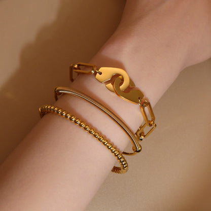 Women 18K Gold-Plated Stainless Steel Bead Open Bracelet Clasp Design Bangles Jewelry