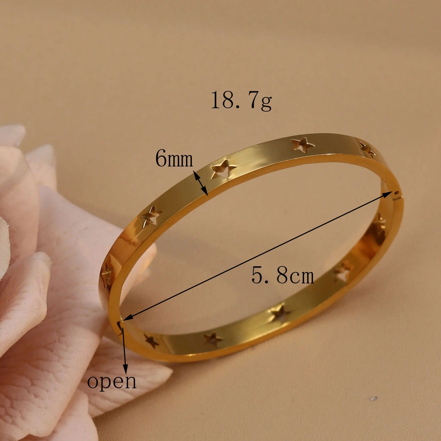 18K Gold Plated Stainless Steel Hollow Star Zircon Bracelet Bangle