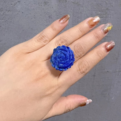 18k gold Vintage Large Rose Flower Natural Stone Engrave Blue Enchantress Luxury Wedding Ring