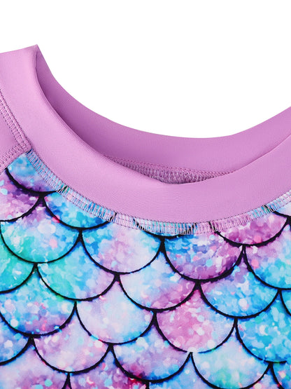 2pcs Girls Kids Short Sleeve Mermaid Scale Tops Boyleg Shorts Swimwear Beach Bathing Suit