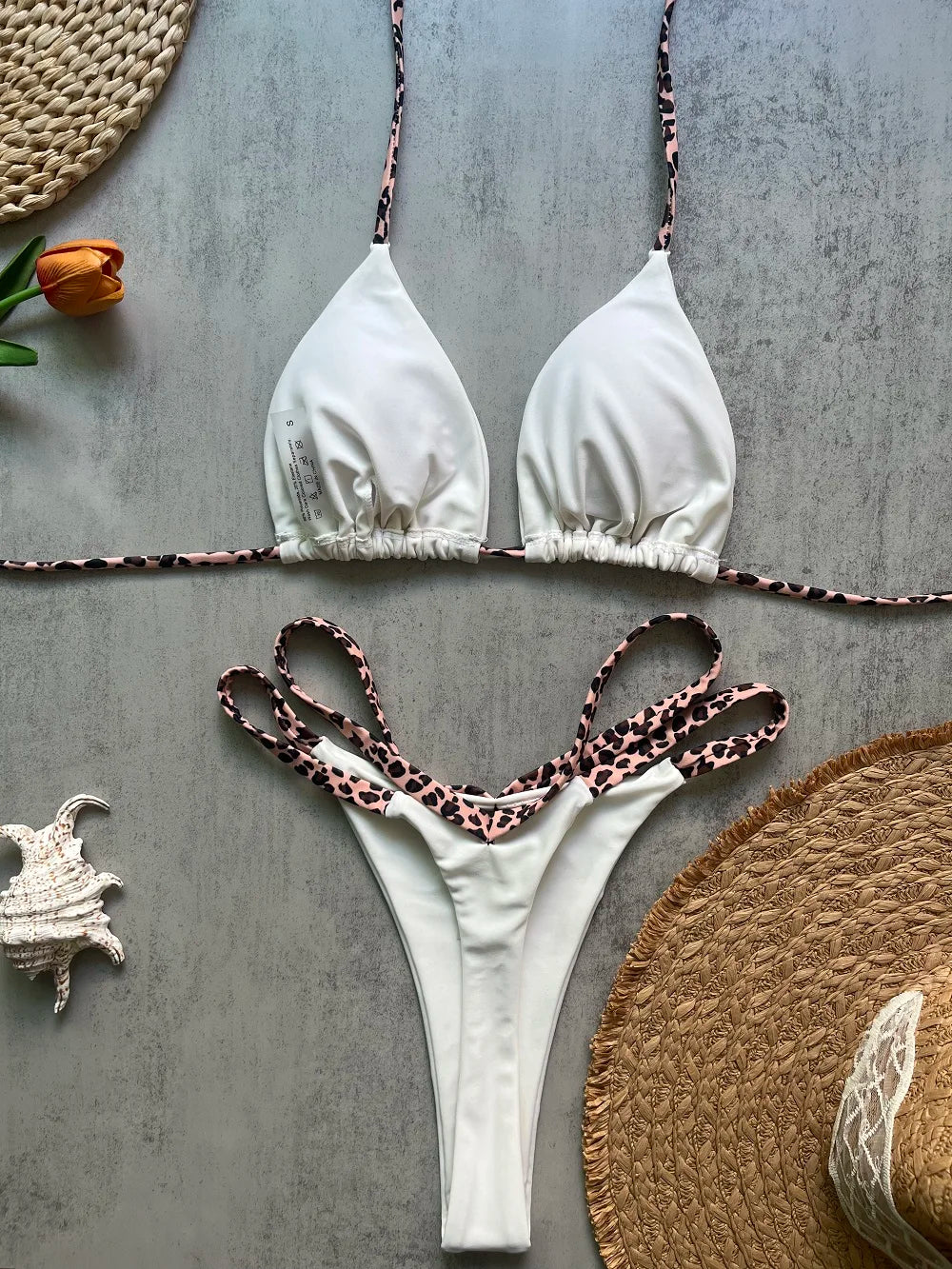Women Push Up Bra Hollow Out White Leopard Print Patchwork Micro Bikini Thong Swimsuit Beach Bathing Suit
