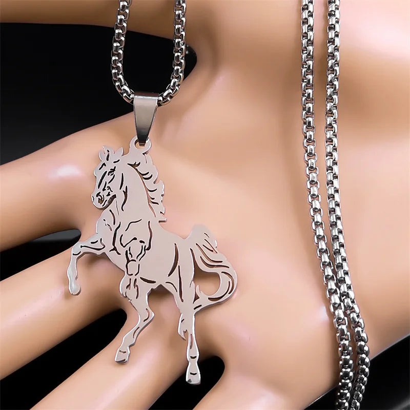 Women Men Stainless Steel Silver Color Aesthetic Horse Animal Necklace