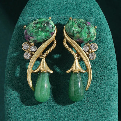 Antique Moss Green Natural Stone Flower Rhinestones Vintage Long Water Drop Earrings