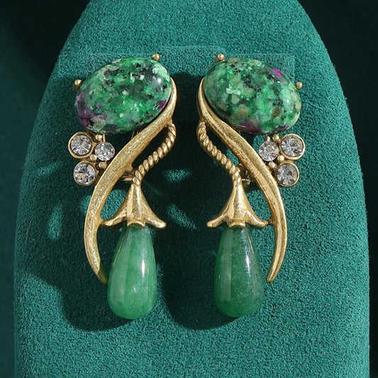 Antique Moss Green Natural Stone Flower Rhinestones Vintage Long Water Drop Earrings