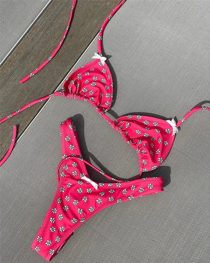 Sexy Flowers Printed Halter High Leg Cut Swimsuit Swimwear Two-pieces Bikini Bathing Suit