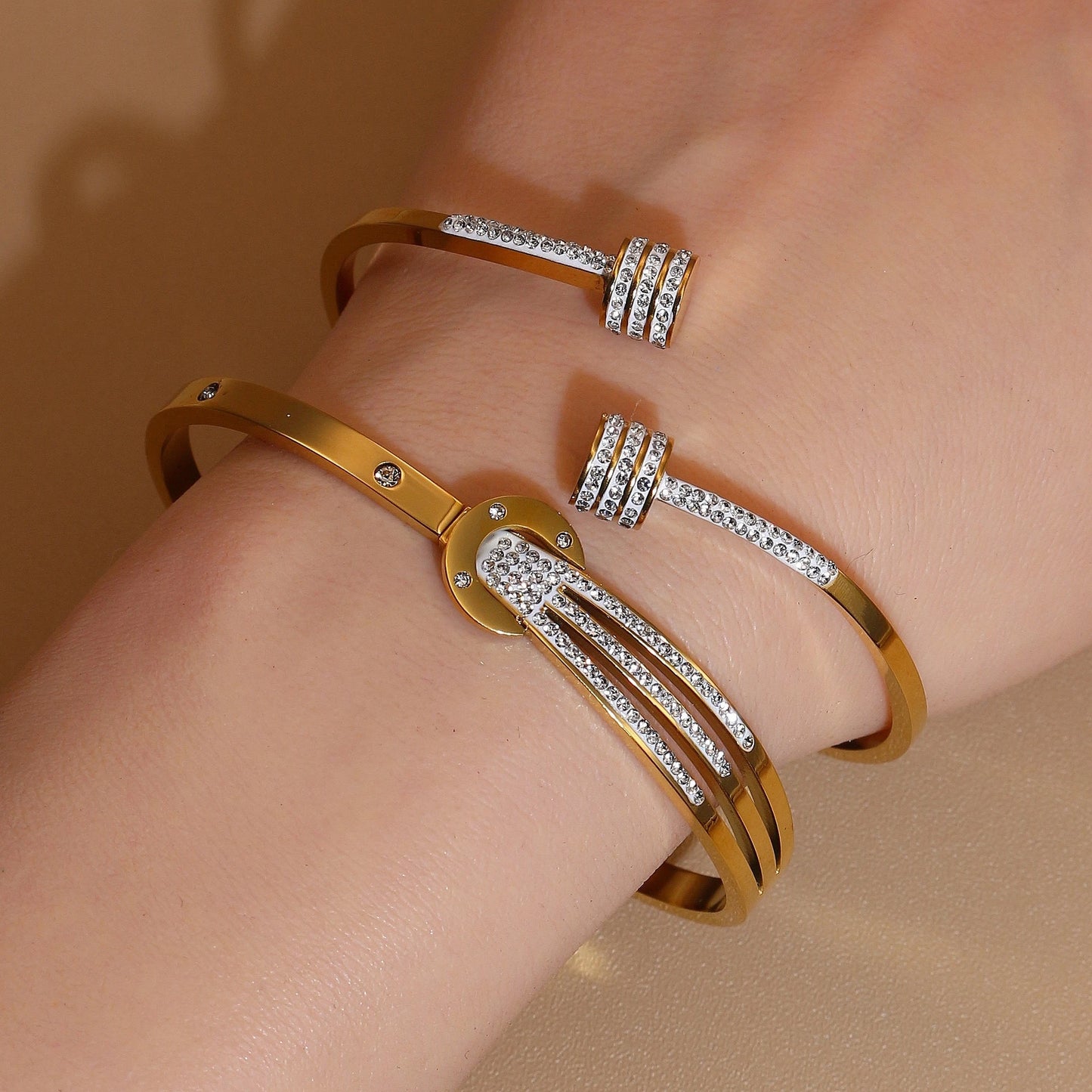 Women 18k Gold Plated Crystal Hollow Open Stainless Steel Bracelet