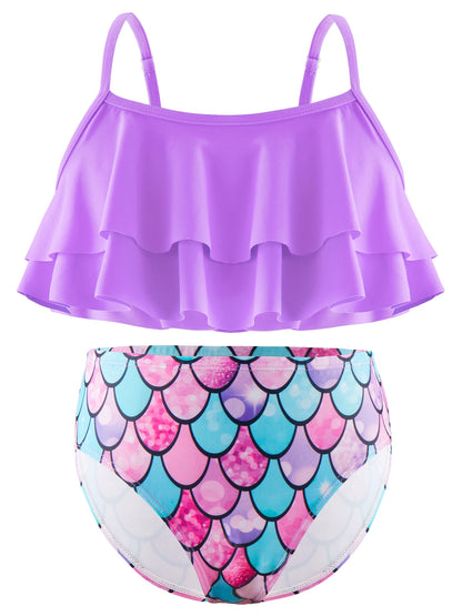 2pcs Kids Girl Sleeveless Pink Ruffle Crop Tops Scale Print Swim Briefs Swimming Suit