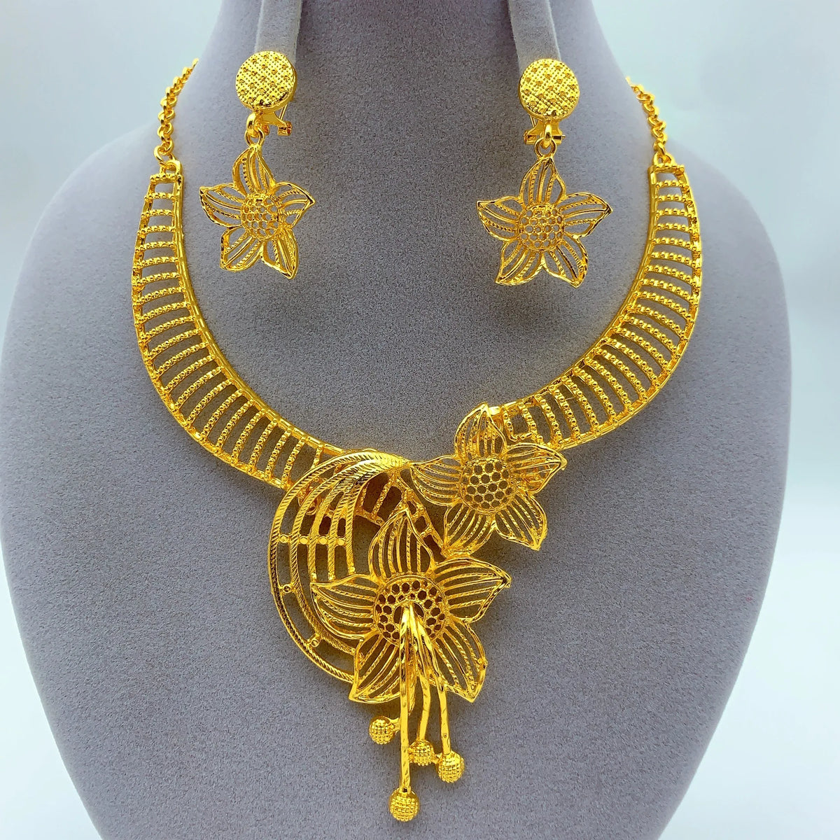 Indian 24K Gold Plated Women African Dubai Bridal Wedding Necklace Earrings Jewelry Set