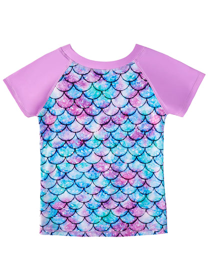 2pcs Girls Kids Short Sleeve Mermaid Scale Tops Boyleg Shorts Swimwear Beach Bathing Suit
