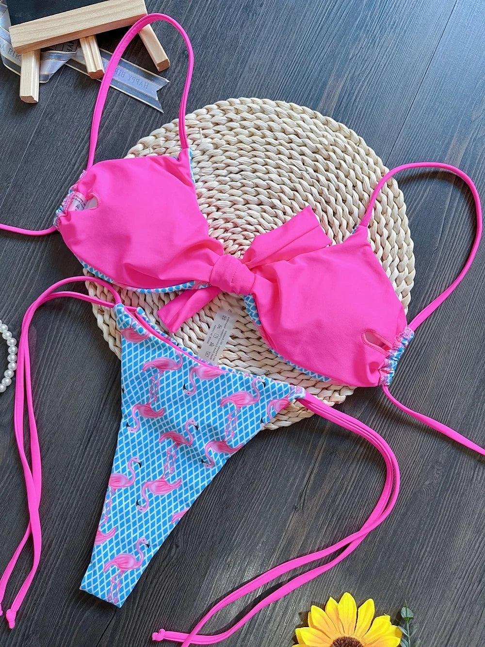 Women Two-Piece Push up Grid Flamingo Print Swimsuit Thongs Bikini Bathing Suit