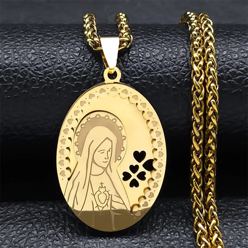 Women Men Gold Color Double Layer Stainless Steel Virgin Mary Medal Long Chain Pendant Necklace