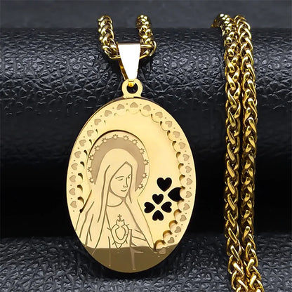 Women Men Gold Color Double Layer Stainless Steel Virgin Mary Medal Long Chain Pendant Necklace