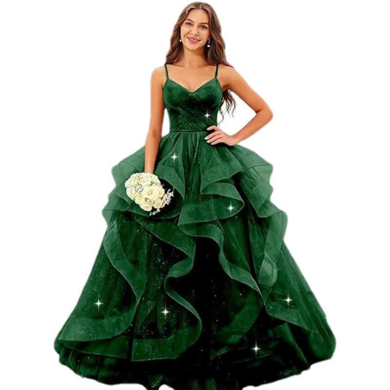 Sparkly Tulle Long Prom Spaghetti Straps Ball Glitter Tulle A-line Formal Evening Party Gown Dress