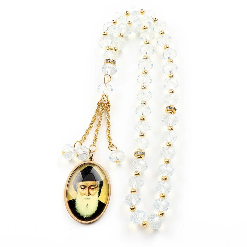 Women Men Stainless Steel Gold Color Amulet Prayer Beads Orthodox Church Saint Glass Medal Car Pendant Necklace