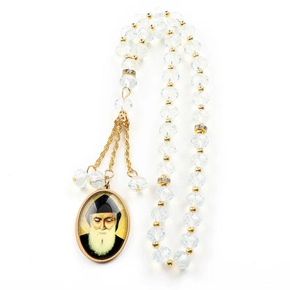 Women Men Stainless Steel Gold Color Amulet Prayer Beads Orthodox Church Saint Glass Medal Car Pendant Necklace