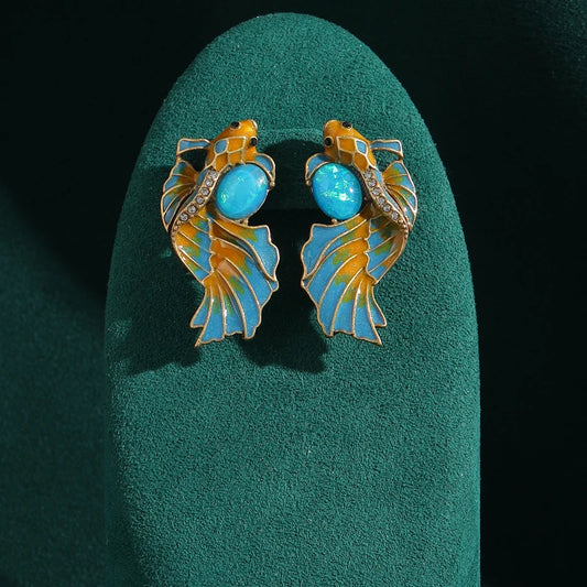 Woman Antique Vintage Enamel Goldfish Blue Natural Stone Stud Earrings