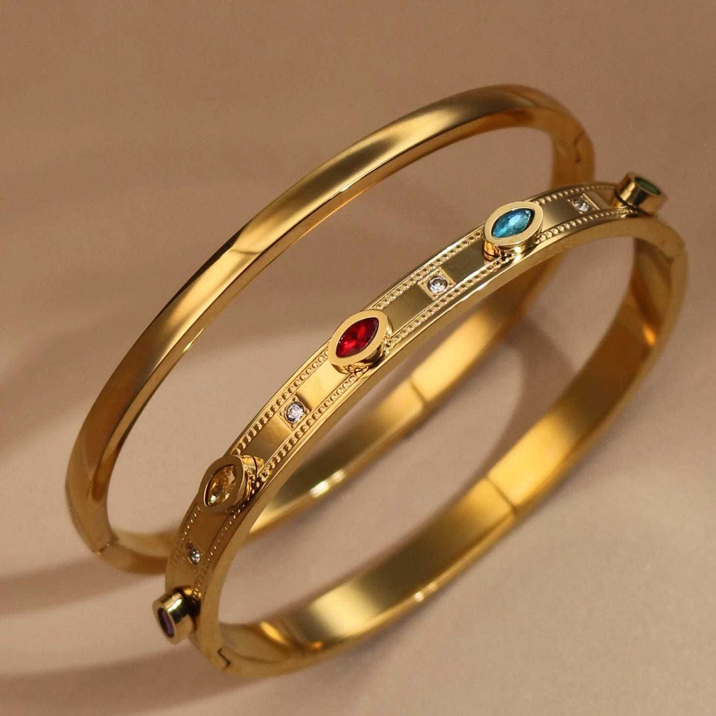 2-in-1 Women 18 K Gold Plated Zircon Stainless Steel Curved Bracelet Gift Bangle