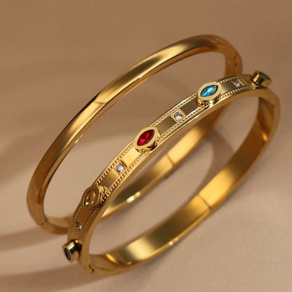 2-in-1 Women 18 K Gold Plated Zircon Stainless Steel Curved Bracelet Gift Bangle