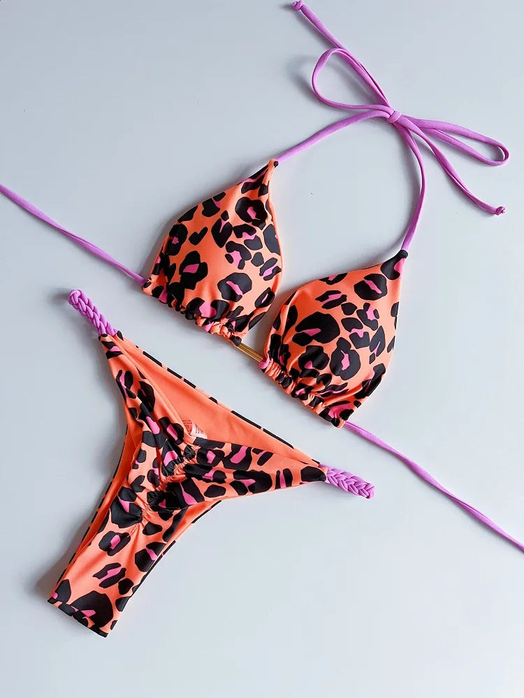 Sexy Women Braided Rope Micro Bikini Swimsuit Leopard Print Brazilian Bathing Suit