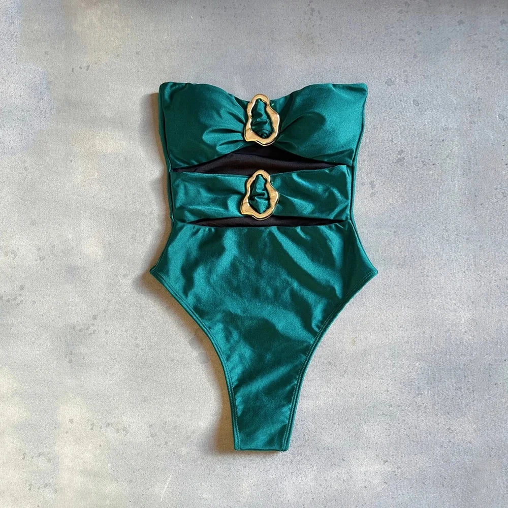 Sexy Metal Rings Cut Out Swimwear One Piece Swimsuit Bandeau High Leg Cut Bather Bathing Suit