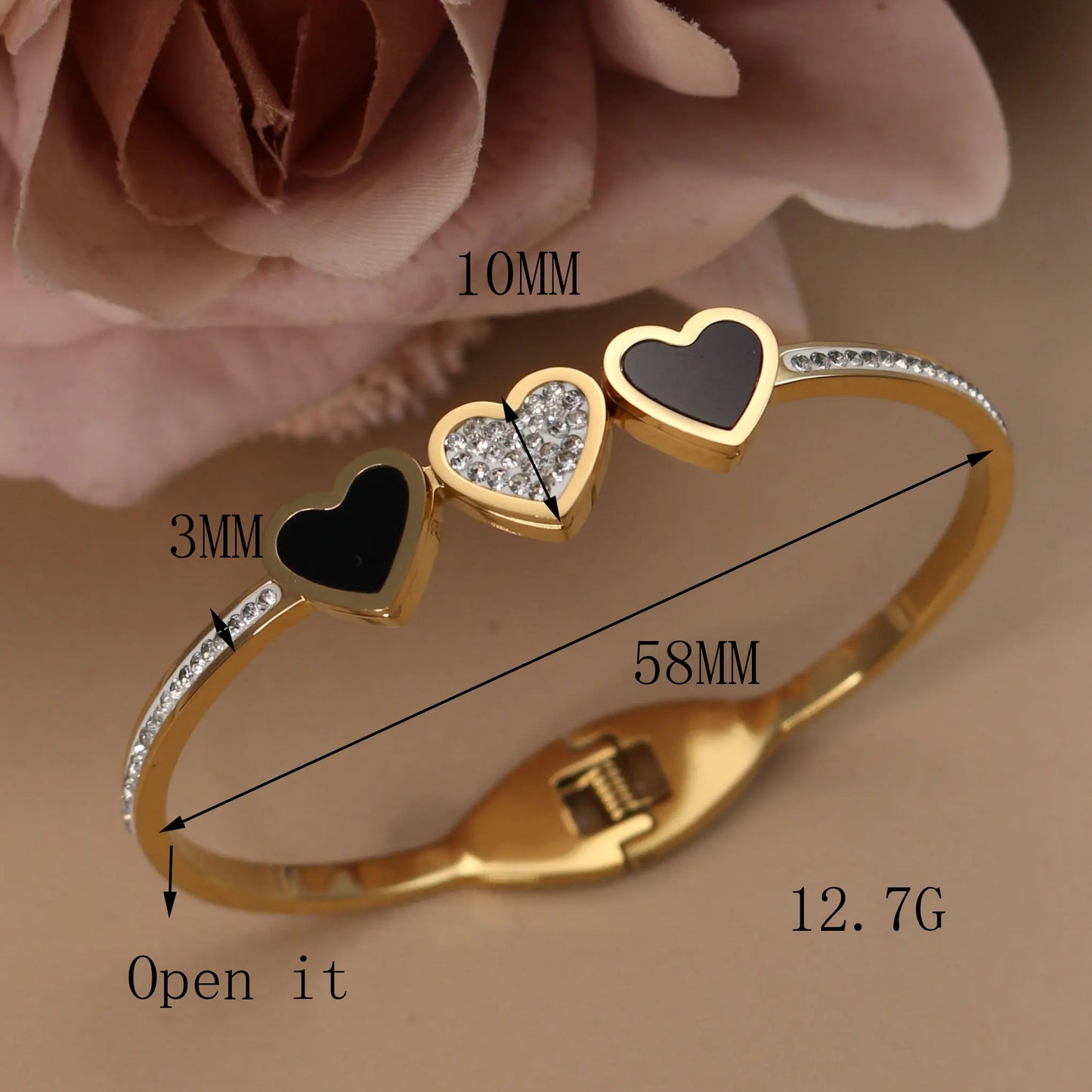 Stainless Steel Double Row Crystals Heart-Shaped Designs Open Clasp Charm Bangle Bracelet