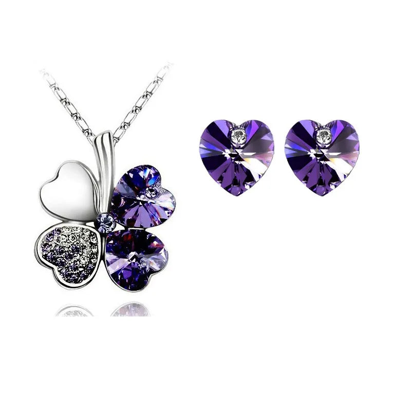 Women Crystal Clover 4 Leaf Heart Fashion Pendant Necklace Earrings Charm Lover Sets