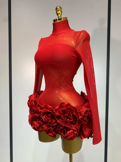Sexy Mesh See through Stereoscopic Flowers White Red Mini Bandage Birthday Evening Party Dress