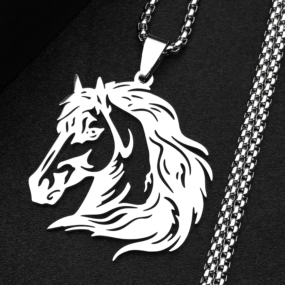 Women Men Stainless Steel Silver Color Horse Head Animal Pony West Cowboy Pendant Necklace