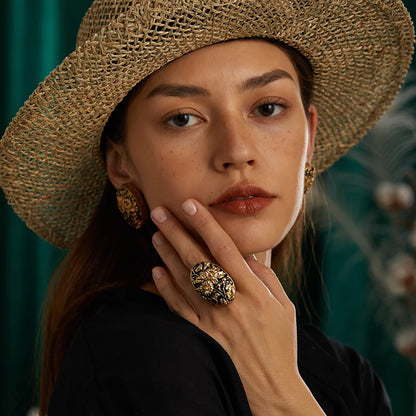 18K Gold-Plated Women Hand-Carved Floral Enamel Vintage Art Deco Ring