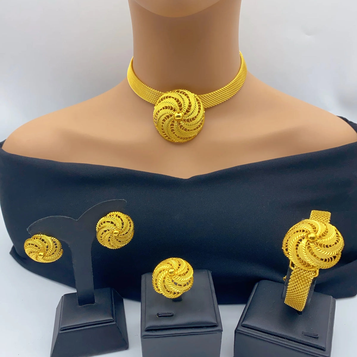 Dubai Women Wedding Gold Plated African Indian Round Necklace Earrings Jewelry Sets