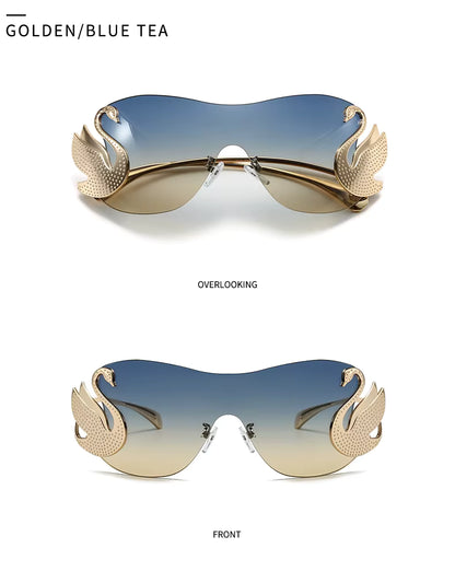 Y2k Women Fashion Swan Inlay Gradient Lens Shades Oversized Rimless Sunglasses Glasses
