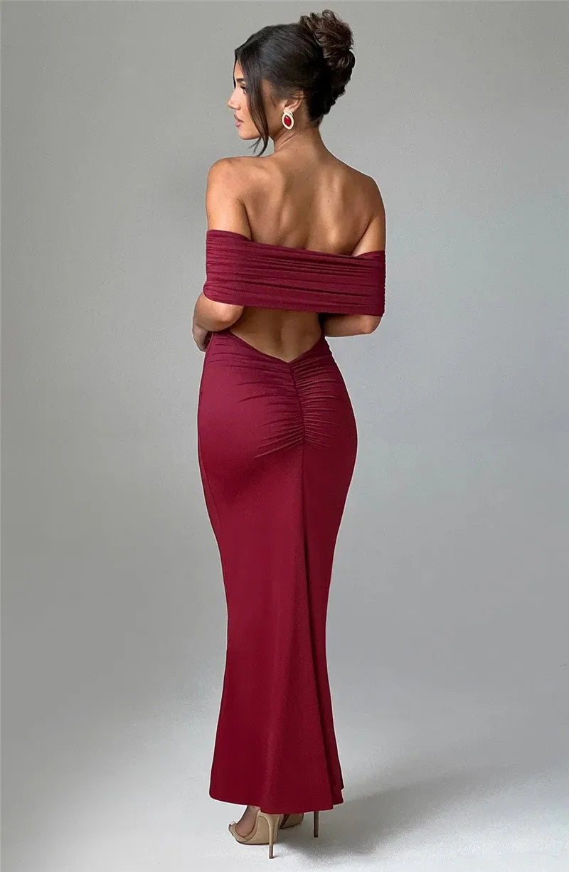 Women Strapless Backless Maxi Solid Off-shoulder Sleeveless Bodycon Long Dress