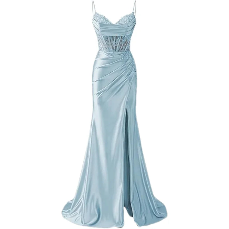 Lace Appliques Satin Prom Women w/ Slit Spaghetti Strap Backless Long Mermaid Evening Formal Dress Gown