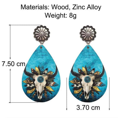 Women Western Turquoise Bull Skull Teardrop Wood Prints Earrings