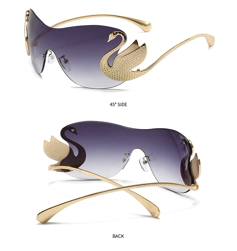 Y2k Women Fashion Swan Inlay Gradient Lens Shades Oversized Rimless Sunglasses Glasses