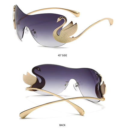 Y2k Women Fashion Swan Inlay Gradient Lens Shades Oversized Rimless Sunglasses Glasses