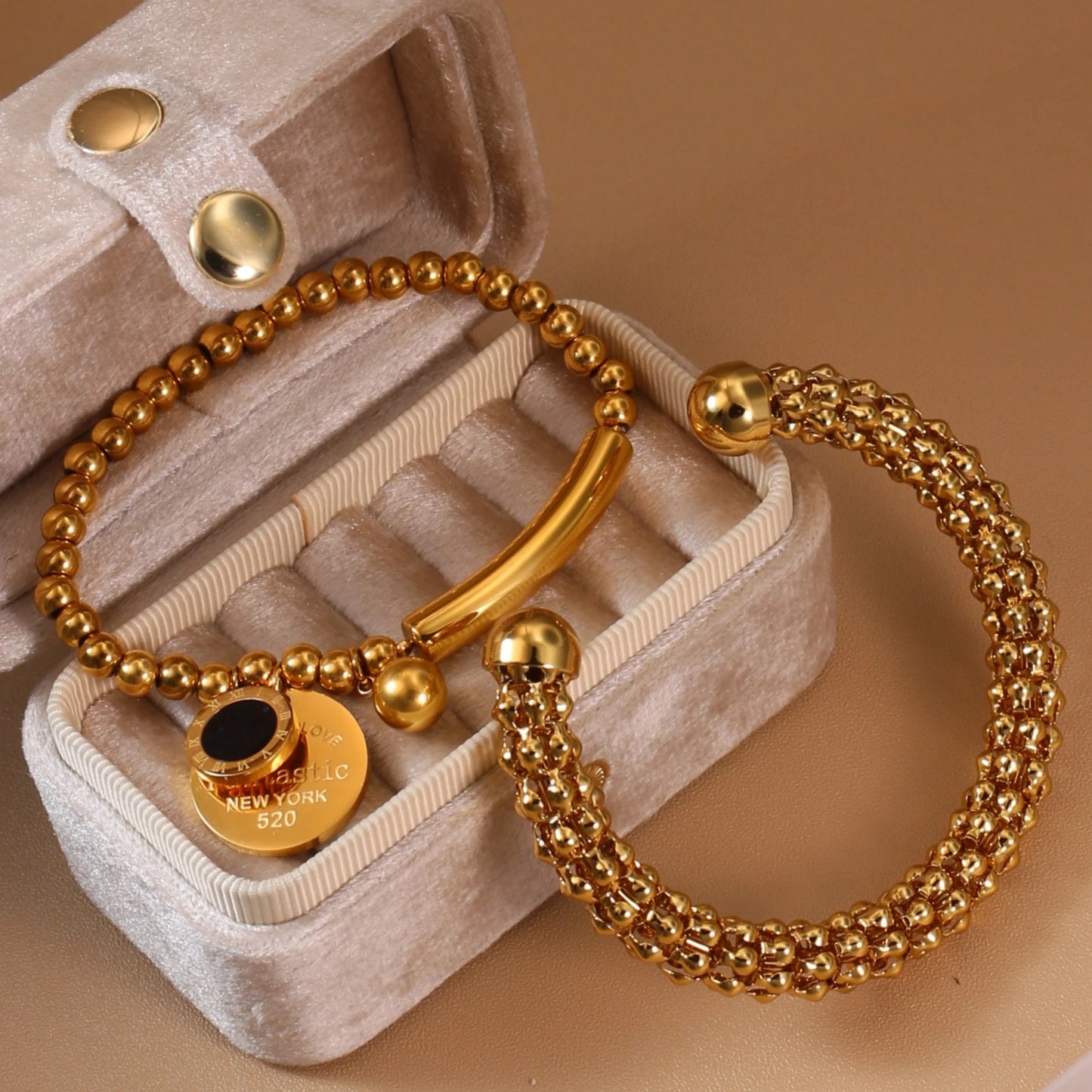Luxury Women Roman Numeral Bead 18K Gold-Plated Stainless Steel Bangle Bracelet