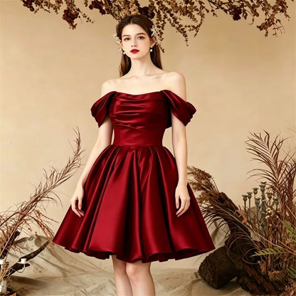 Women Off The Shoulder Satin Homecoming A Line Short Pleated Strapless Prom Evening Dress w/ Pockets
