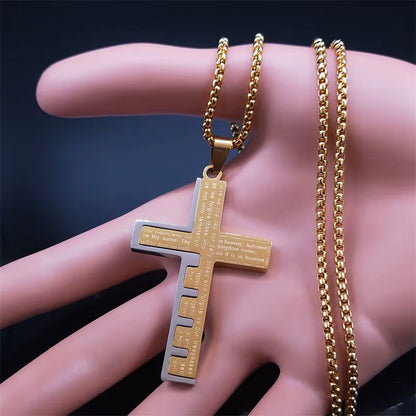 Men Stainless Steel Gold Color Bible Amulet Cross Christian Church Prayer Necklace
