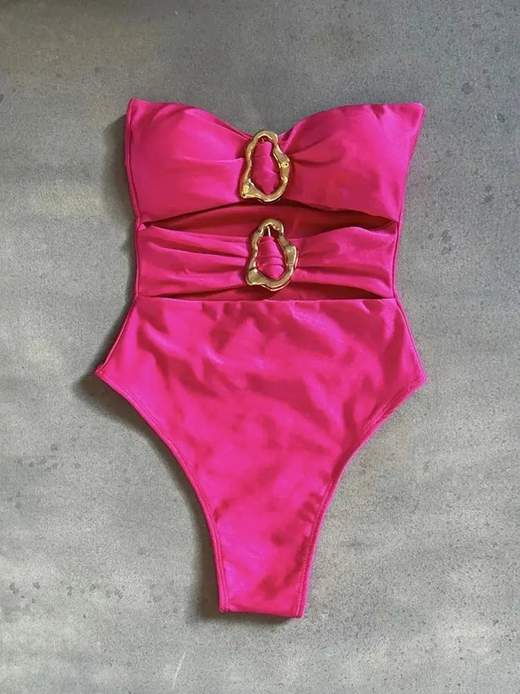 Sexy Metal Rings Cut Out Swimwear One Piece Swimsuit Bandeau High Leg Cut Bather Bathing Suit