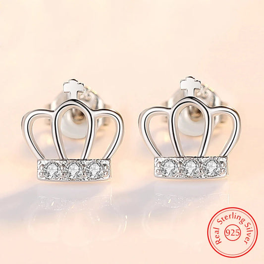 Solid 925 Sterling Silver Bridal Wedding Crystal Zircon Crown Stud Earrings