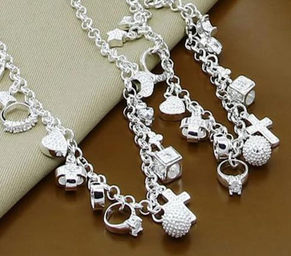 Women 925 Sterling Silver Heart Ball Cross Star Wedding Engagement Pendant Necklace Bracelets Set