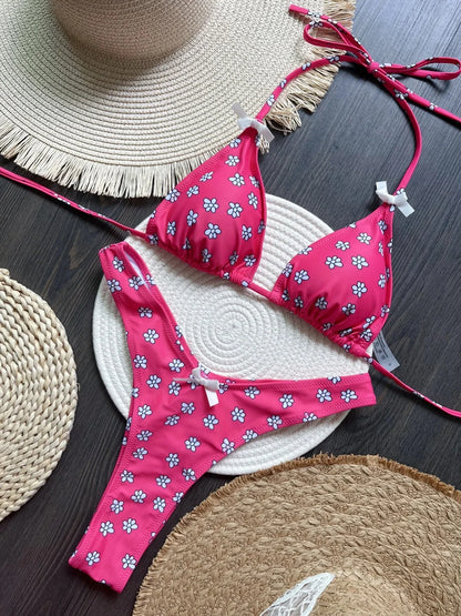 Sexy Flowers Printed Halter High Leg Cut Swimsuit Swimwear Two-pieces Bikini Bathing Suit