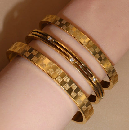 Luxury Polished Checkered Design Stainless Steel Crystal Wedding Party Bangle Bracelet